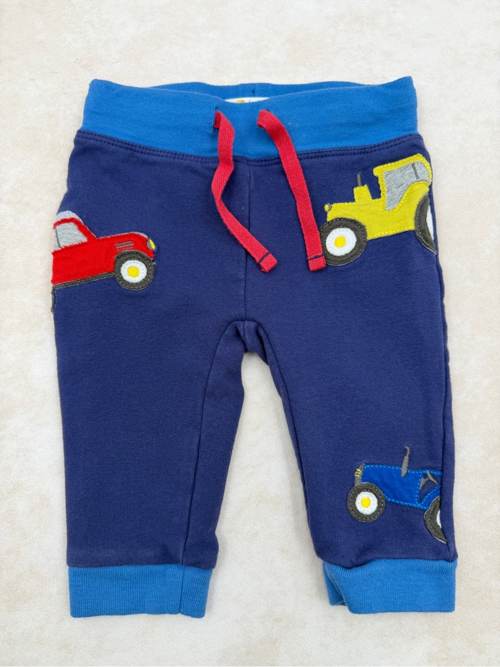 Baby Boden Navy Joggers with Red, Yellow & Blue Vehicle Appliqués